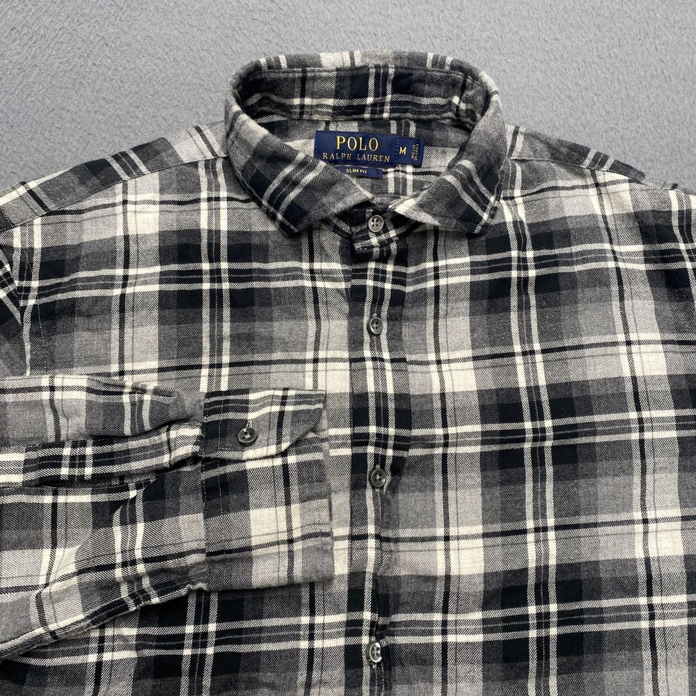 Polo‎ Ralph Lauren Shirt Mens Medium Gray Plaid Flannel Slim Fit Button Down